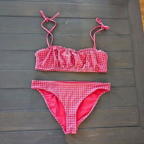 Red Carter Amour Gingham Shirred Bandeau Bikini Top & Bottom Set Size Large - Picture 6 of 15